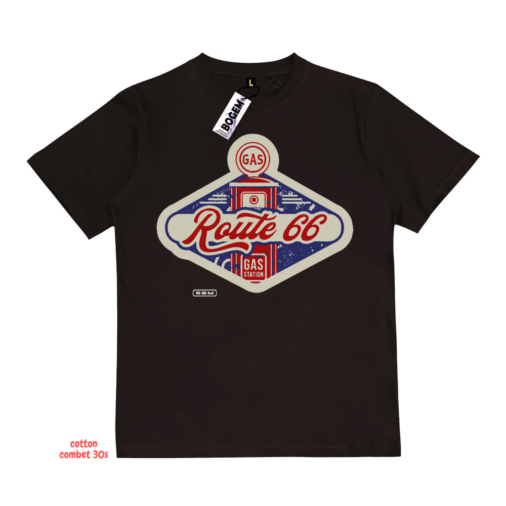 Bgm.co T-shirt Distro Cowok Warna Coklat Motif Route 66 Bahan Katun Combet 30s