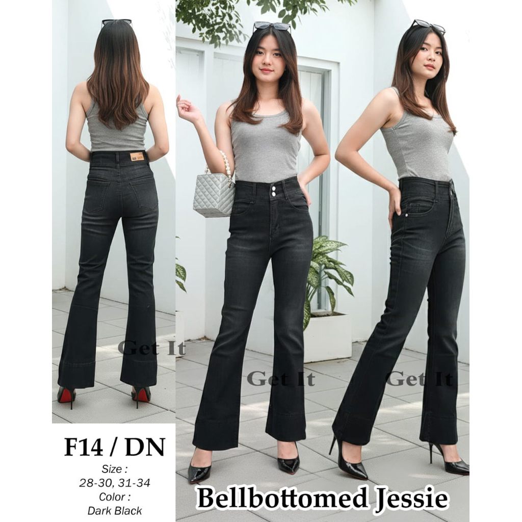 Celana Cutbray Jeans Wanita Bell Bottomed Jessie Dark Black Get It Jeans