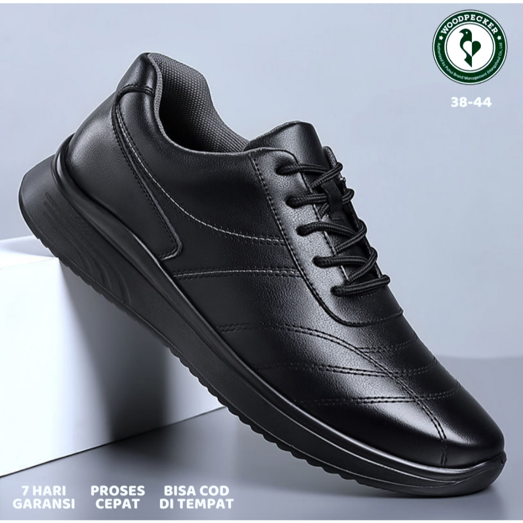 WOODPECKER - Sepatu Pria Kasual Hitam Kulit Original Santai || Sepatu Pria Hitam Kulit Model Terbaru