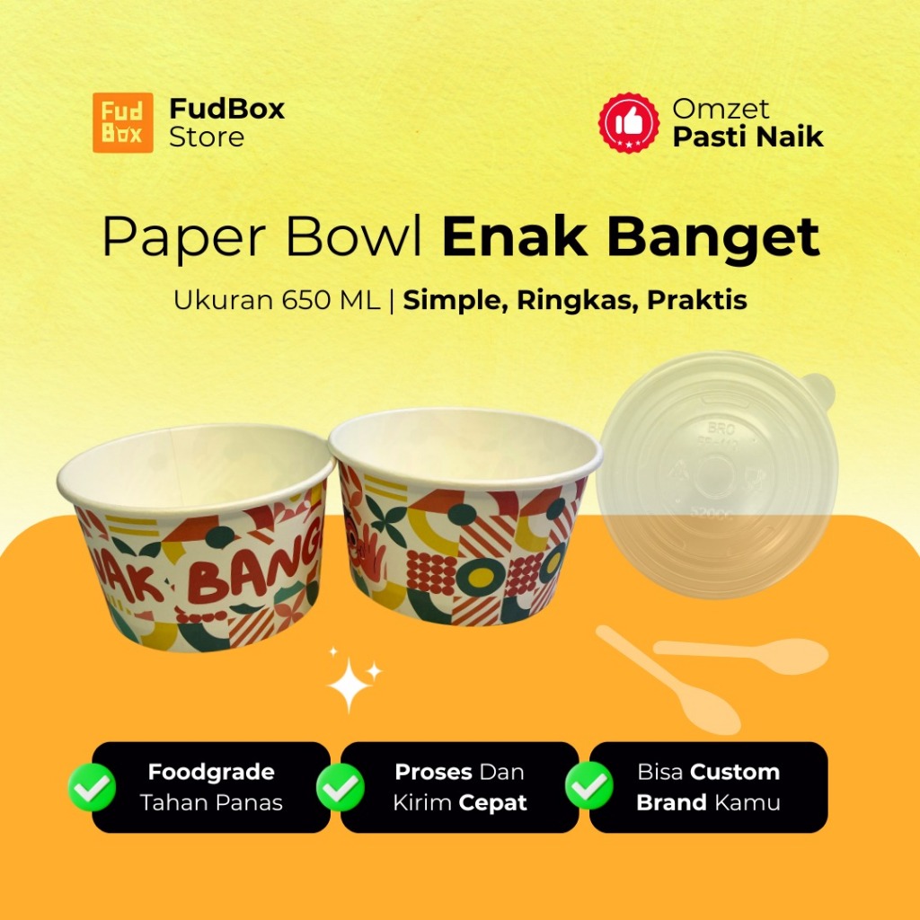 Paper Bowl 650ml | Paper Rice Bowl Mangkok Kertas Motif Enak Banget Bowl + Tutup | Mangkuk Sekali Pa