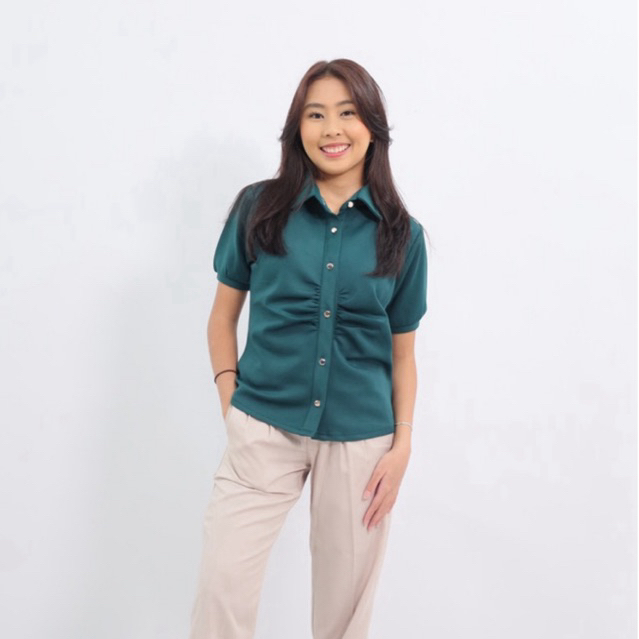 FREESIA - Atasan Baju Natal Emerald Hijau Hitam Putih Kerah Semi Formal Casual Wanita