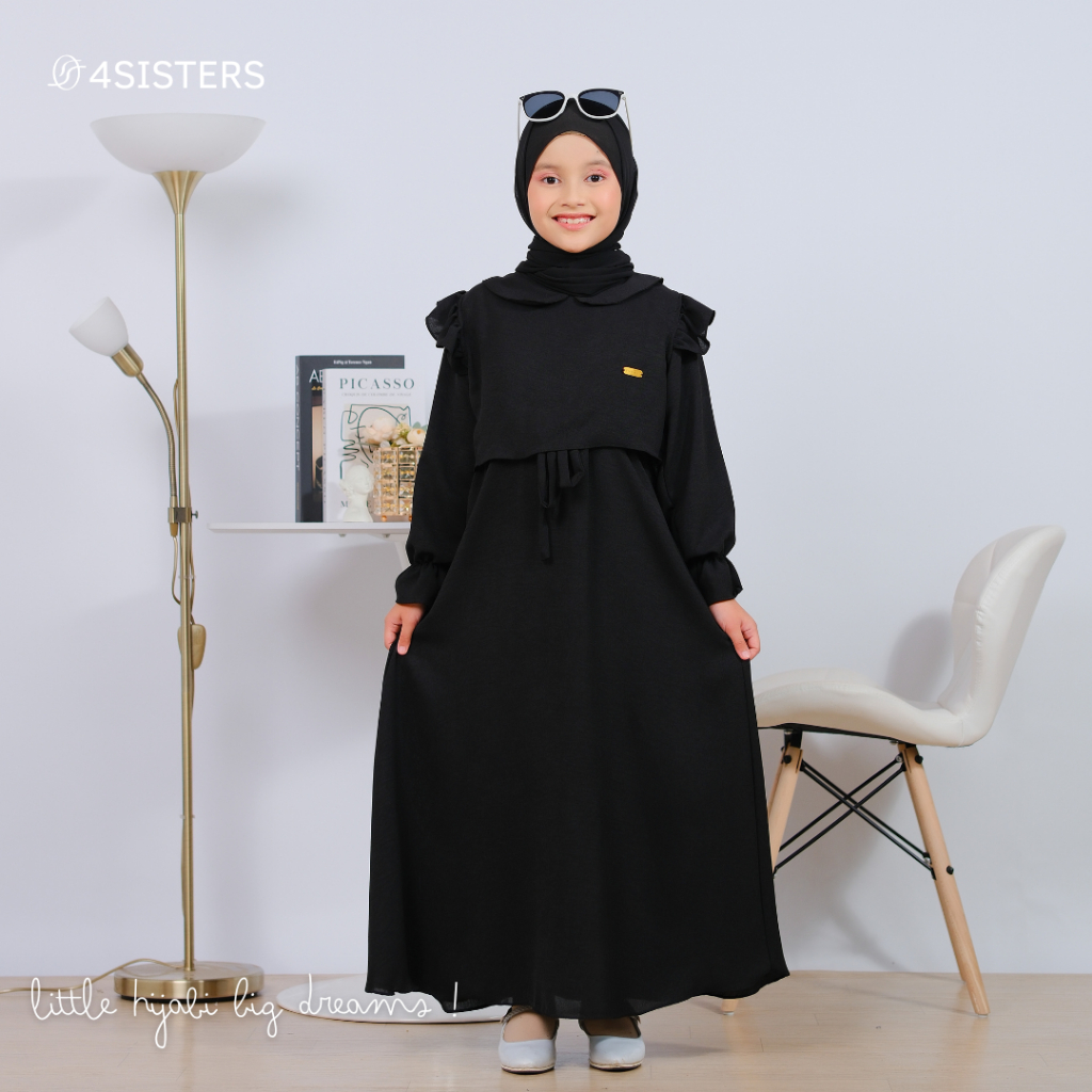 4SISTERS Gamis Rompi Anak Perempuan Medina Dress Hitam | Gamis Anak Muslim | Dress Anak Terbaru
