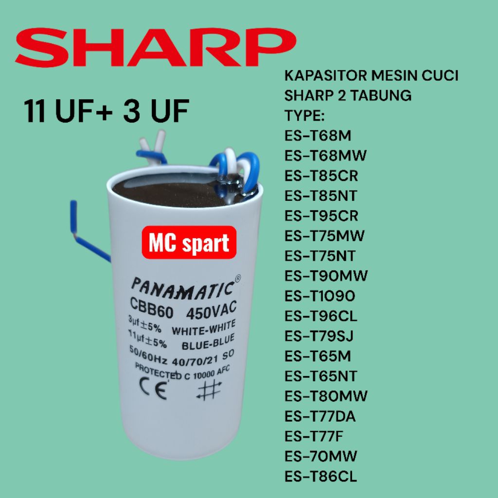 KAPASITOR MESIN CUCI SHARP 2 TABUNG ES-T85CR ES-T65M ES-T68M ES-T86CL KAPASITOR 11+3UF MESIN CUCI SH