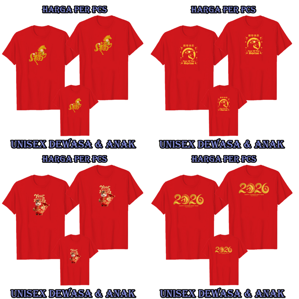 Baju Kaos Keluarga  Imlek CHINESE NEW YEAR 2026 Shio Kuda Couple  Wanita Unisex Jumbo Oversize