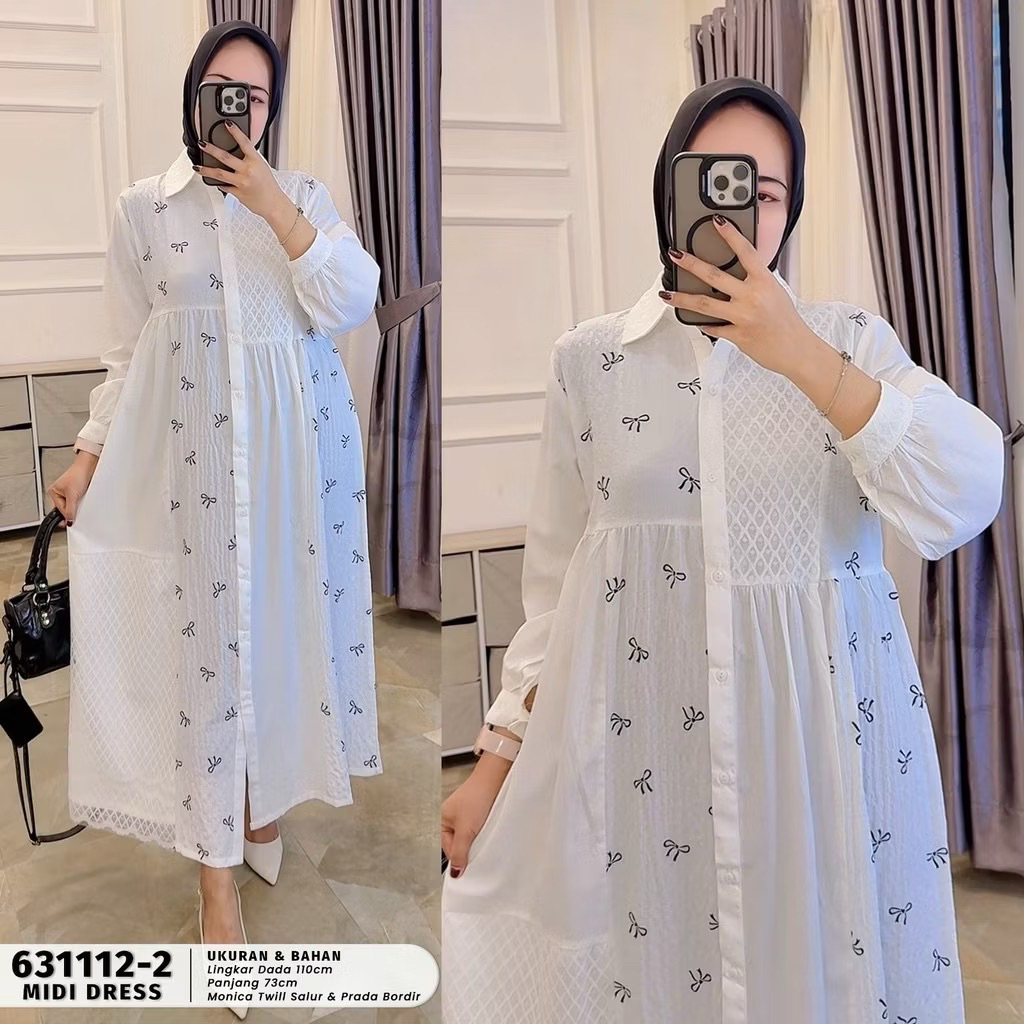 Maura Midi Dress Katun Premium Adem Motif Pita Baju Gamis Hitam Putih Kombinasi Brukat Elegan
