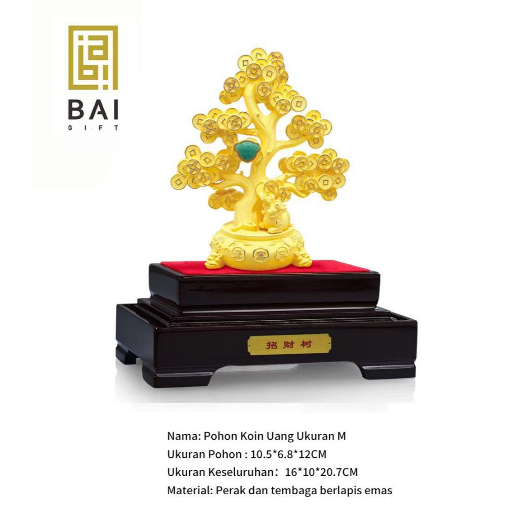BAI GIFT PAJANGAN POHON KOIN UANG LAPIS EMAS 24K MINIATUR POHON KOIN UANG EMAS - SIZE M 160*100*207 