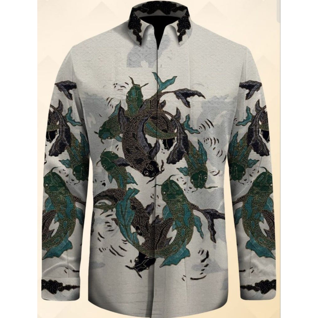 kain batik tulis pria bahan sutera motif ikan koi