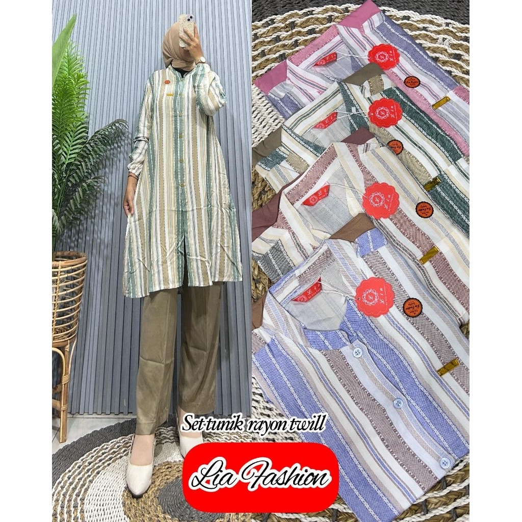 SETELAN LONG TUNIK/SETLONG RAYON PREMIUM KOMBINASI TWILL LIA FASHION