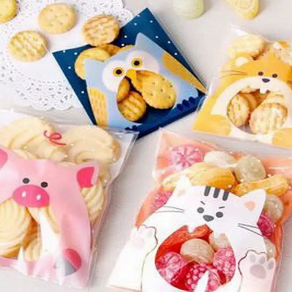100pcs Plastik Cookies Perekat OPP Motif Hewan