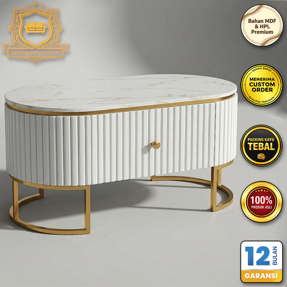 Meja TV Oval Putih Gold 100cm Minimalis Modern Bufet Konsol Laci Rak Meja Ruang Tamu