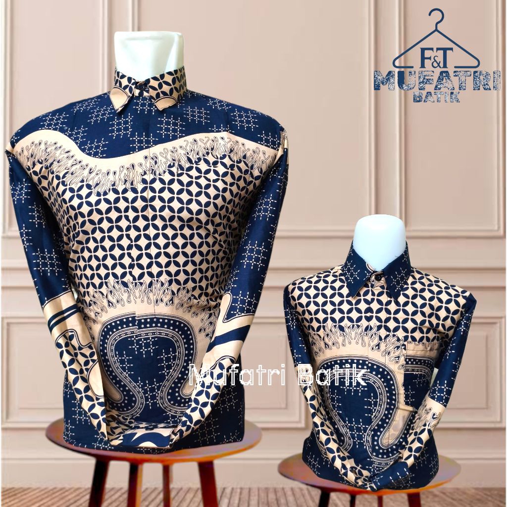 Kemeja Batik Ayah Anak Warna Navy Cream Bahan Katun Prima40s Lapis Furing Premium//batik navy coupel