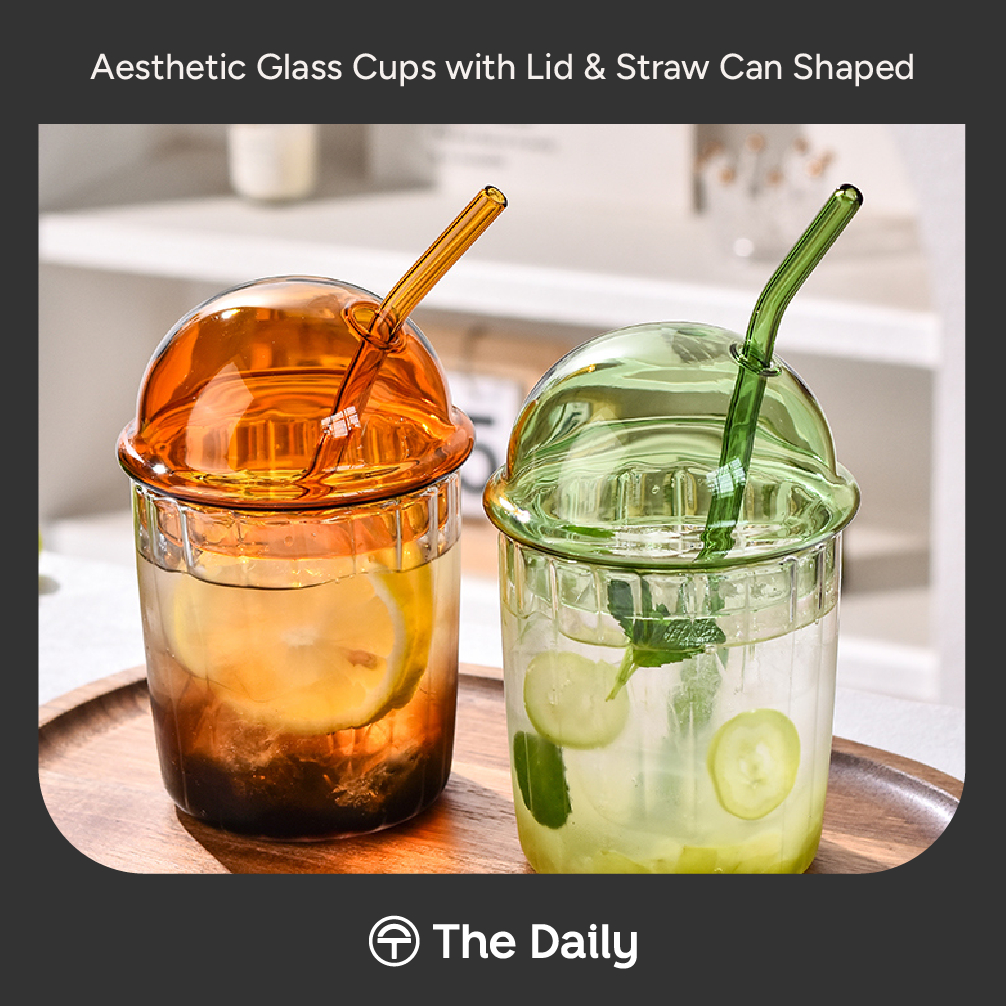 Aesthetic Glass Cups Matcha with Bamboo Lid & Straw Can Shaped - Gelas Kaca Model Kaleng dengan Tutu