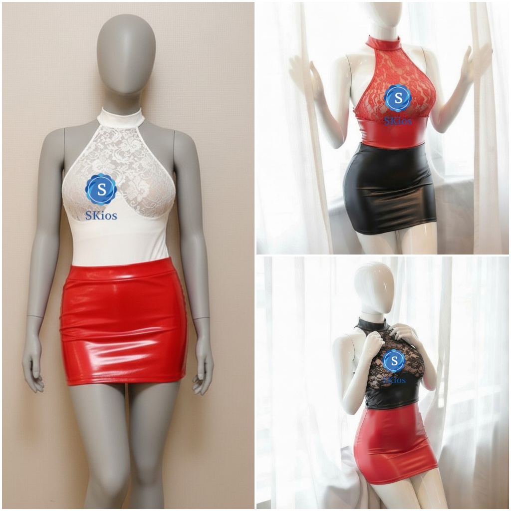 Lingerie Patent Leather Mini Dress Wanita Halter Lace Bodycon L330