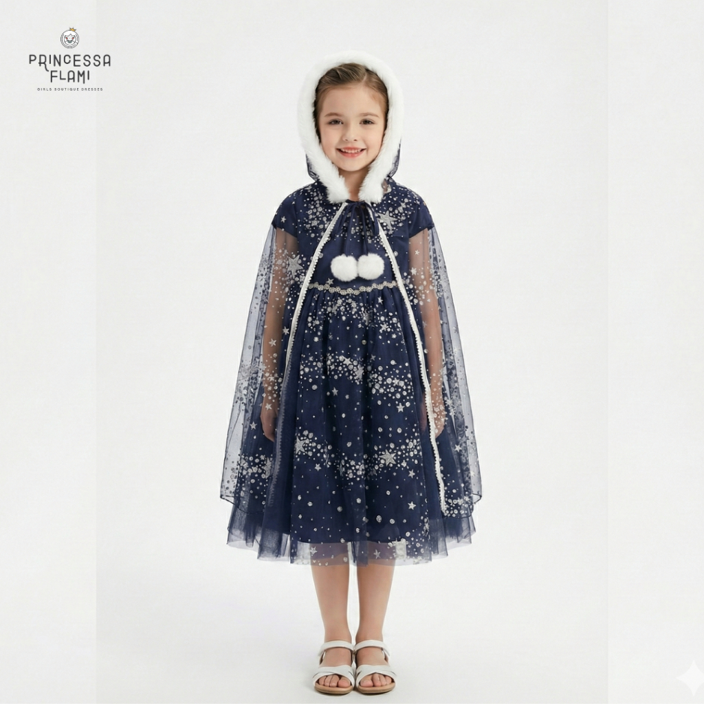Princessa Flami Party Dress Anak Kostum Elsa Frozen Karakter Navy Hoodie K4773