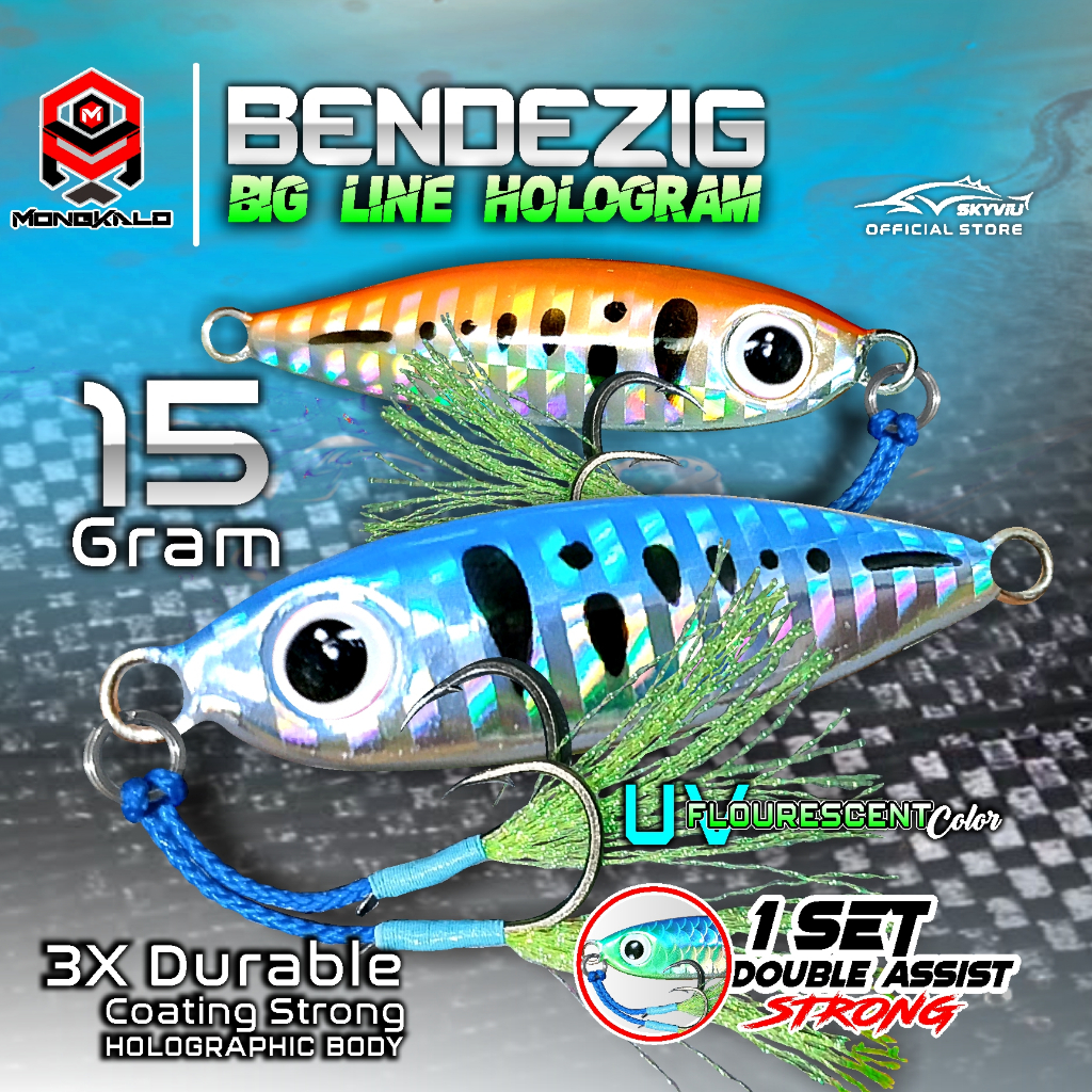 Umpan Micro Jig 15 Gram MONGKALO BENDEZIG Hologram Garis 1 Srt Dobel Assist Hook 15gram Mikro Jig 15