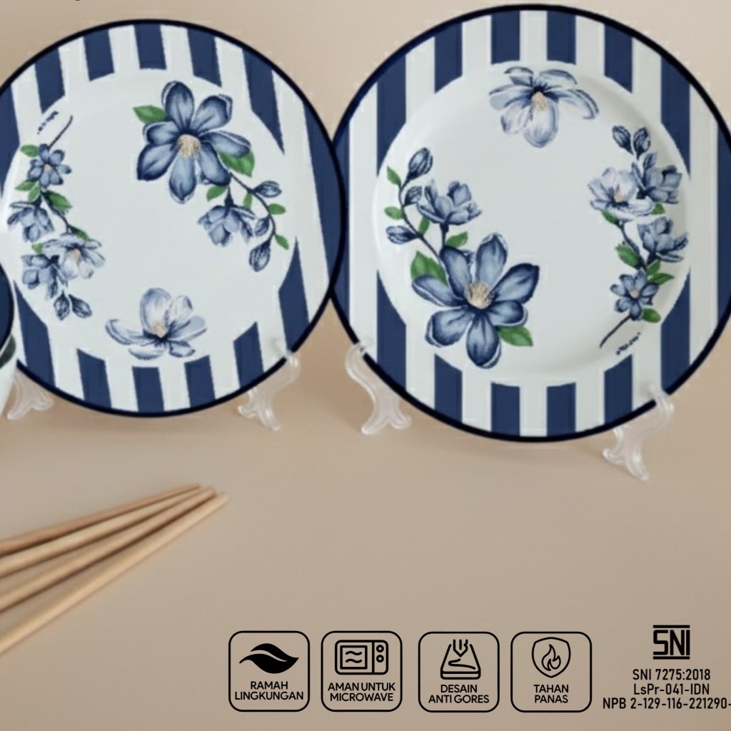 Set 6 Pcs Piring Besar Bulat Cekung Dalam Keramik Porselen Porcelain Motif Bunga Kembang Biru Tebal 