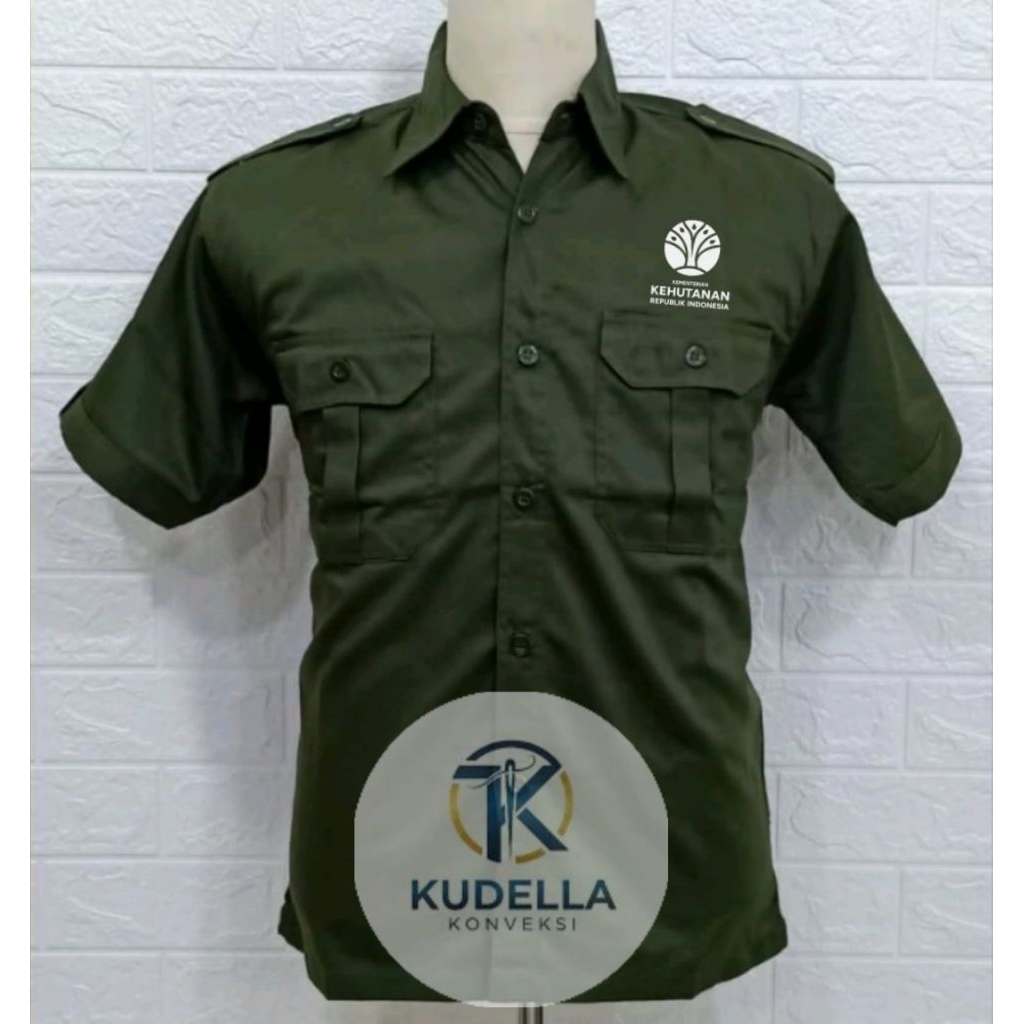 Kemeja KEHUTANAN RI Baju Kementerian Kehutanan RI Hijau Army PDH Lengan Pendek Pria