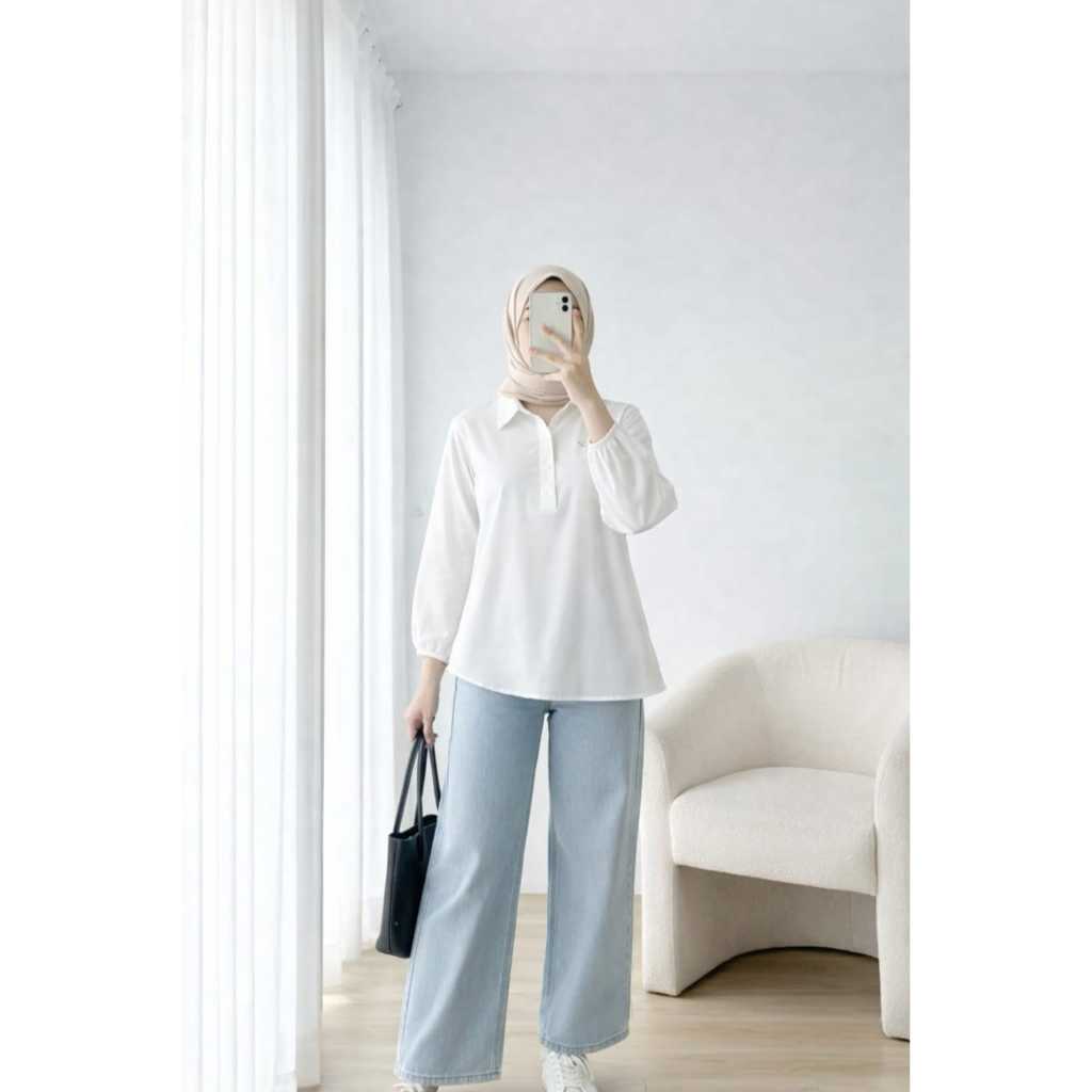 BLUS WANITA POLOS KANCING TIGA LENGAN PANJANG BERKARET