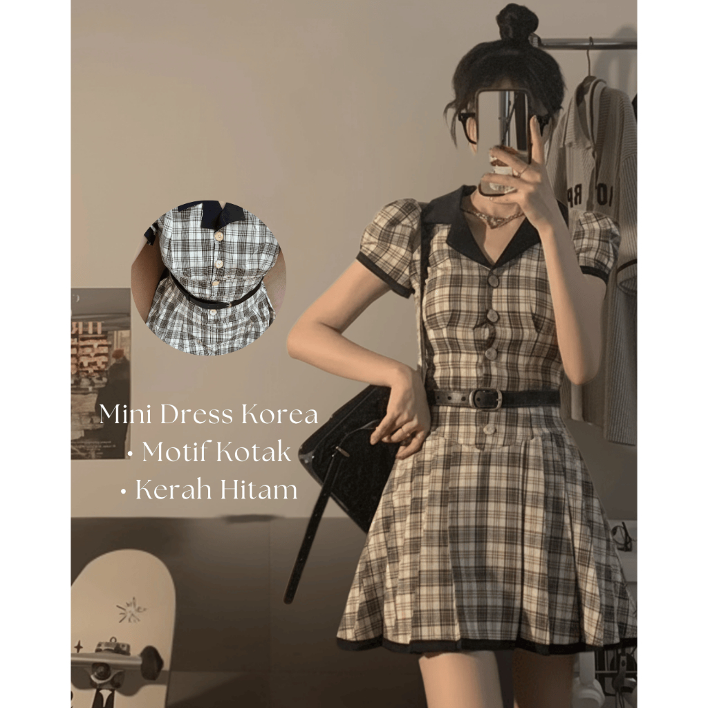 Mini Dress Kotak Korea Kerah Hitam Model Fishtail