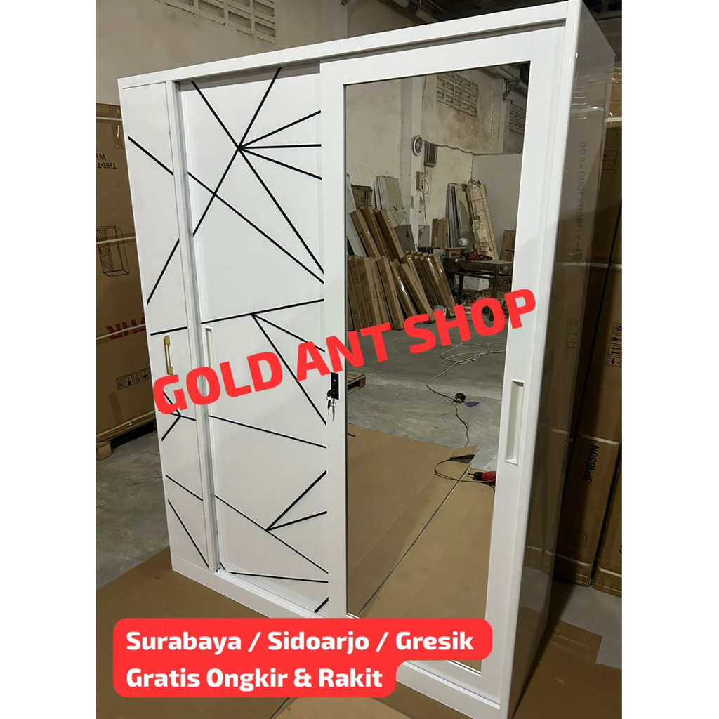 Lemari Pakaian Besi Hijab 3 Pintu Sliding 140 Laci Kaca / Lemari Sliding Besi 3 Pintu 150 Laci Hijab