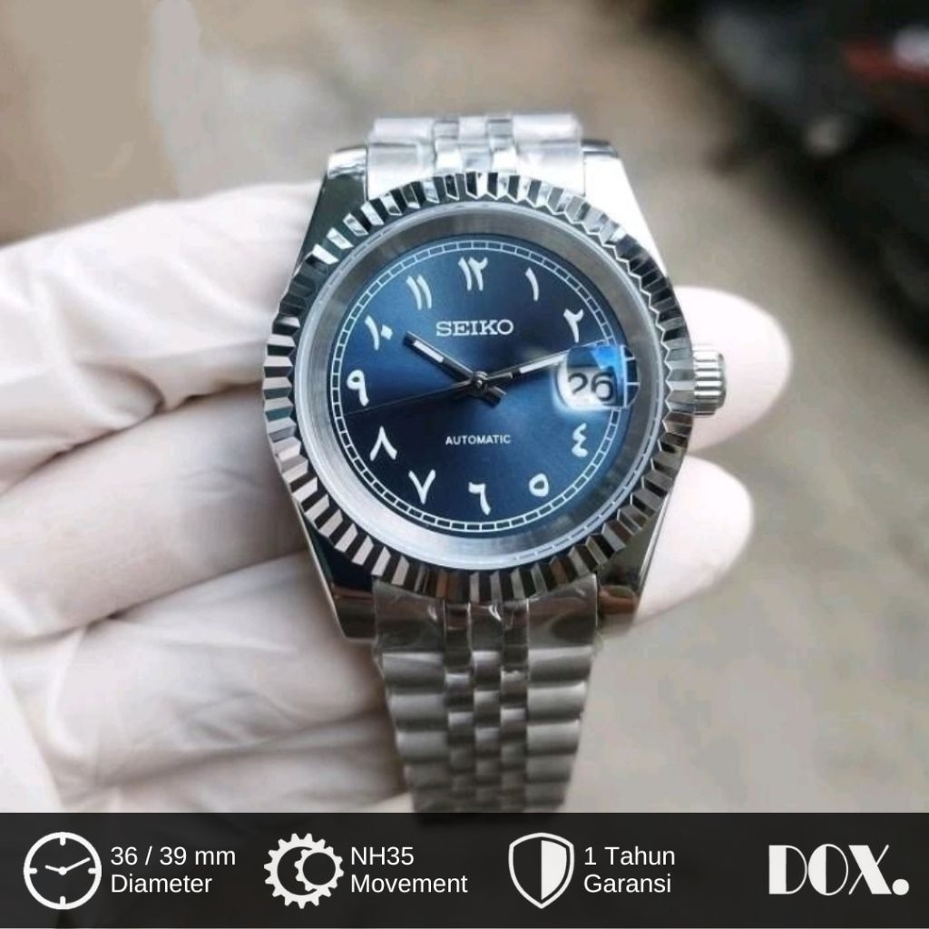 Jam Tangan Seikomod Datejust Arabic Light Blue NH35 Automatic Rantai Jubilee Stainless Kaca Sapphire