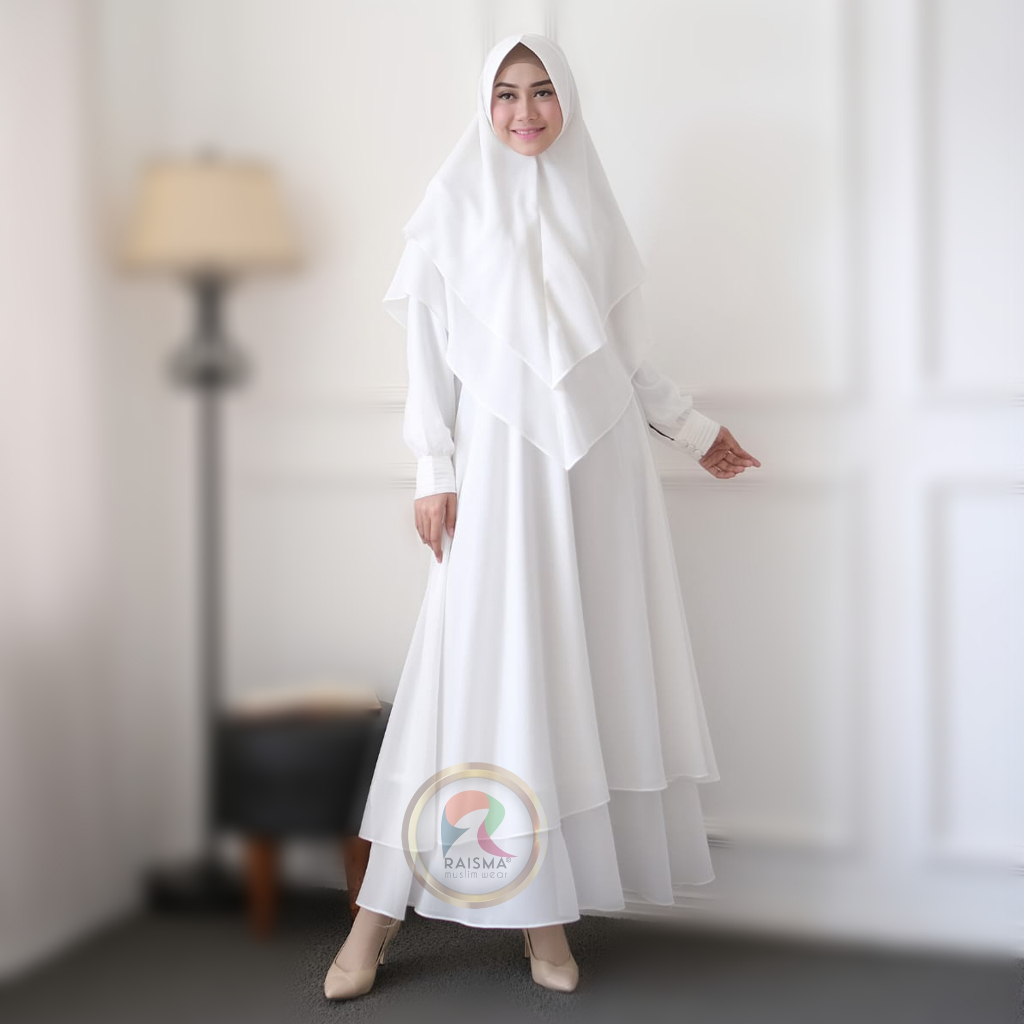 NNBbeauty Gamis Syari Ceruti Babydoll Premium Set Khimar Antem Baju Umroh Haji Putih Mewah