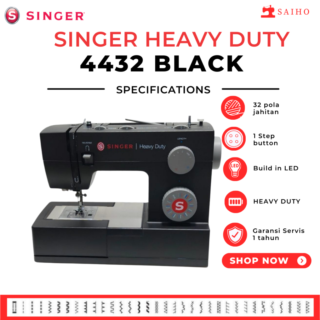 Mesin Jahit Singer Portable 4432 BLACK / HITAM  (Free Meja Extension & Tas)