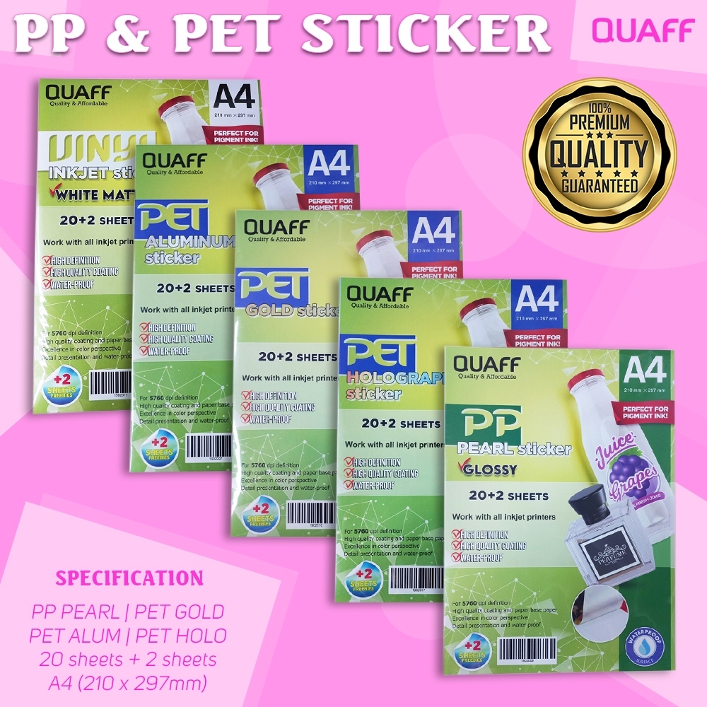 Kertas Stiker Vinyl A4 Inkjet Anti Air | PET PP Waterproof | 22 pcs Label Sticker
