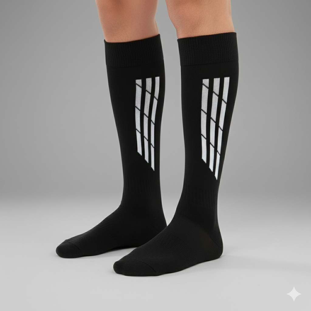 Kaos Kaki Panjang Hitam Reflektif Sport Pria Wanita Cocok Lari Malam Gym Sepeda Desain Garis Safety 