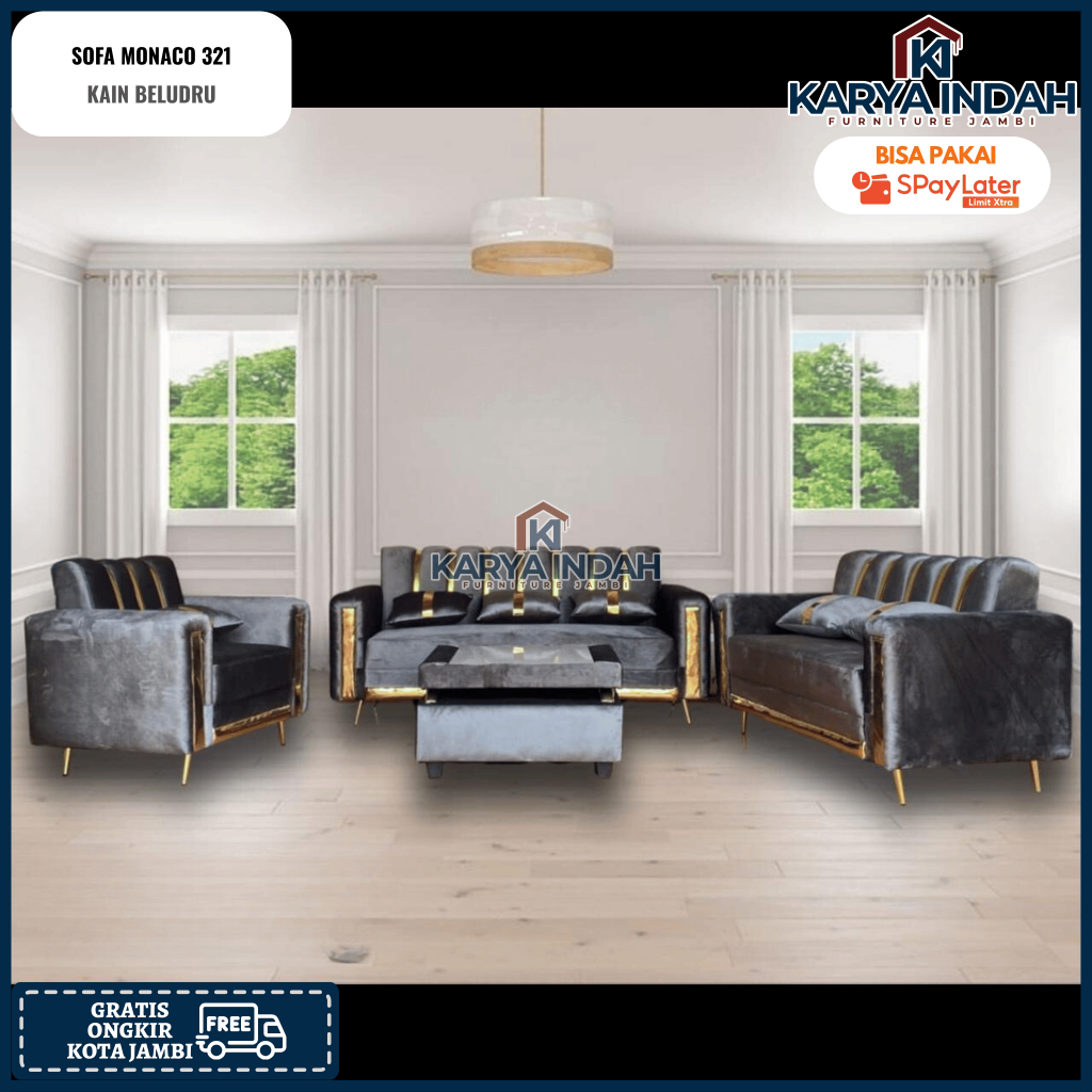 Kursi Tamu SOFA MONACO 311 / 321 POLOS EMAS GOLD Kain BELUDRU Modern Minimalis
