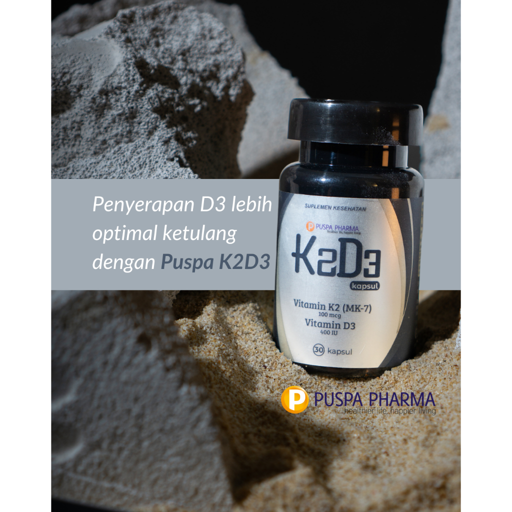 Puspa K2D3 - Penyerapan D3 Lebih Optimal, Tulang Lebih Kuat - BPOM & Halal - 30 Kapsul