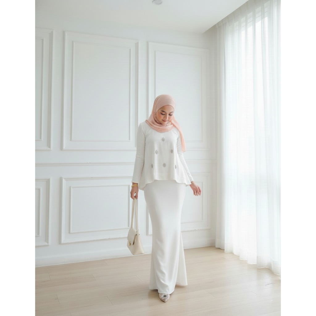 Azalea Set Brokenwhite Dress Baju Kurung Melayu Modern Payet Mewah Wanita Elegan – Atasan Rok Lebara