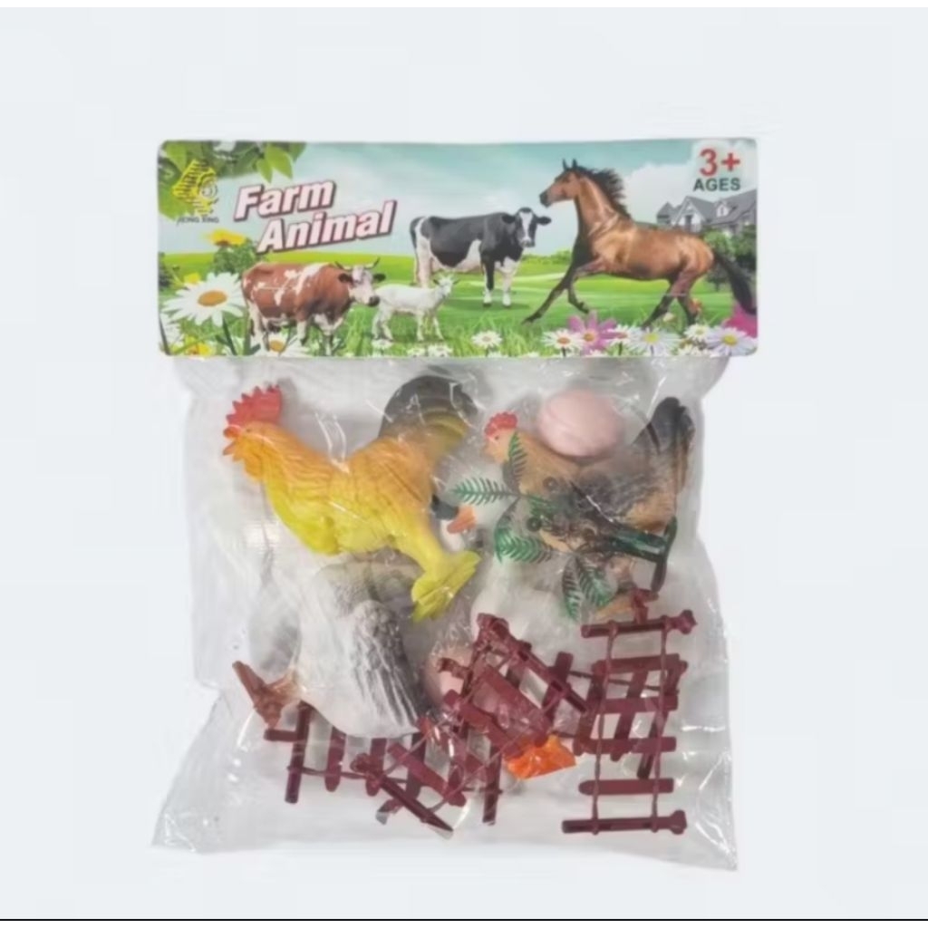 Mainan anak binatang karet unggas ayam bebek angsa dilengkapi pohon dan pagar lucu murah