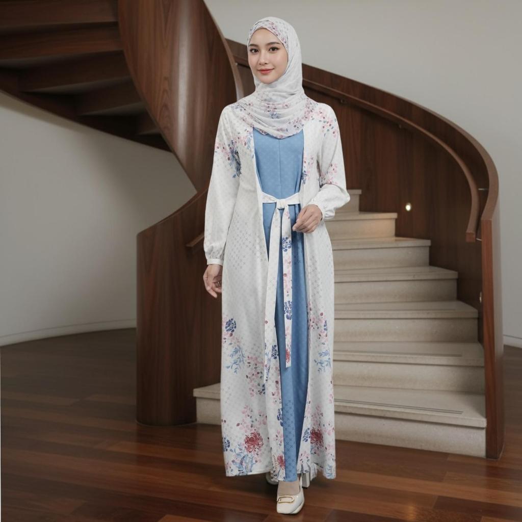 Zoya Maury Dress - Gamis Muslim Wanita Wudhu Friendly Bahan Poly Airflow Motif Penuh Bukaan Zipper D