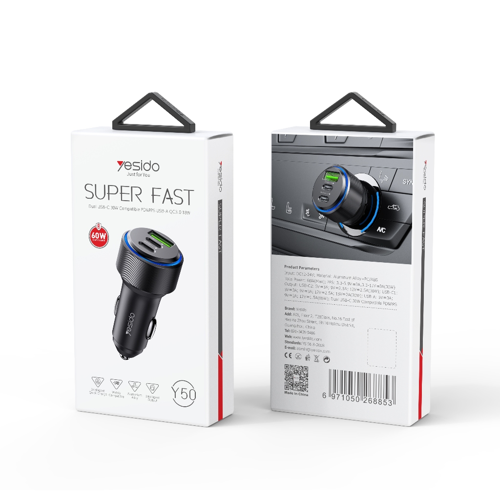 Yesido Car Charger Super-Fast Charging 60W 3-Port 3in1