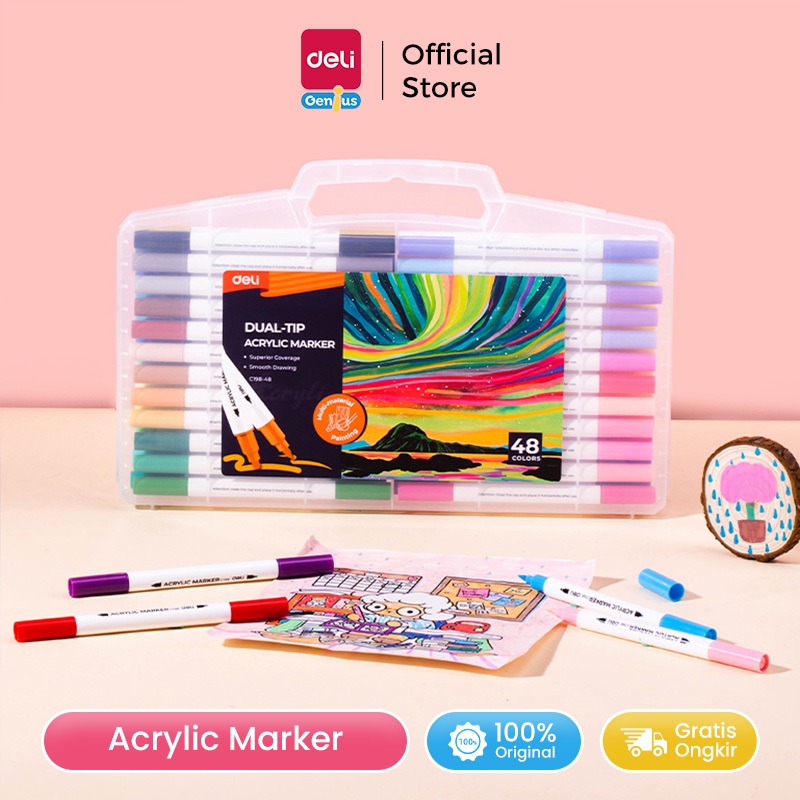 Deli Spidol Akrilik Dual Tip / Acrylic Marker Dual Tip Warna Cerah EC198