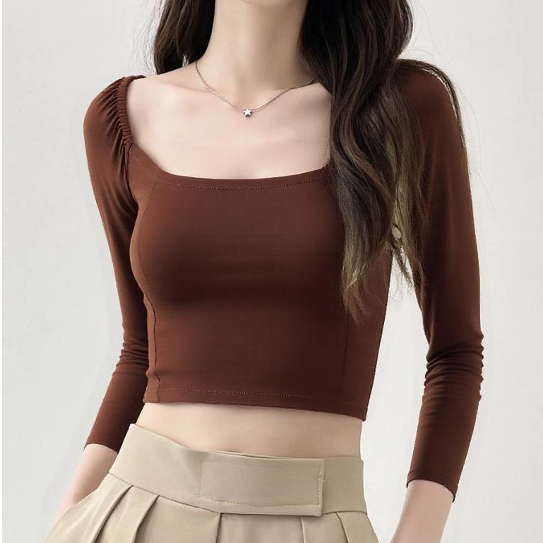 99kOUTLET Square Neck T-Shirt Plain Long Slevee 3342 (S/M/L/XL)