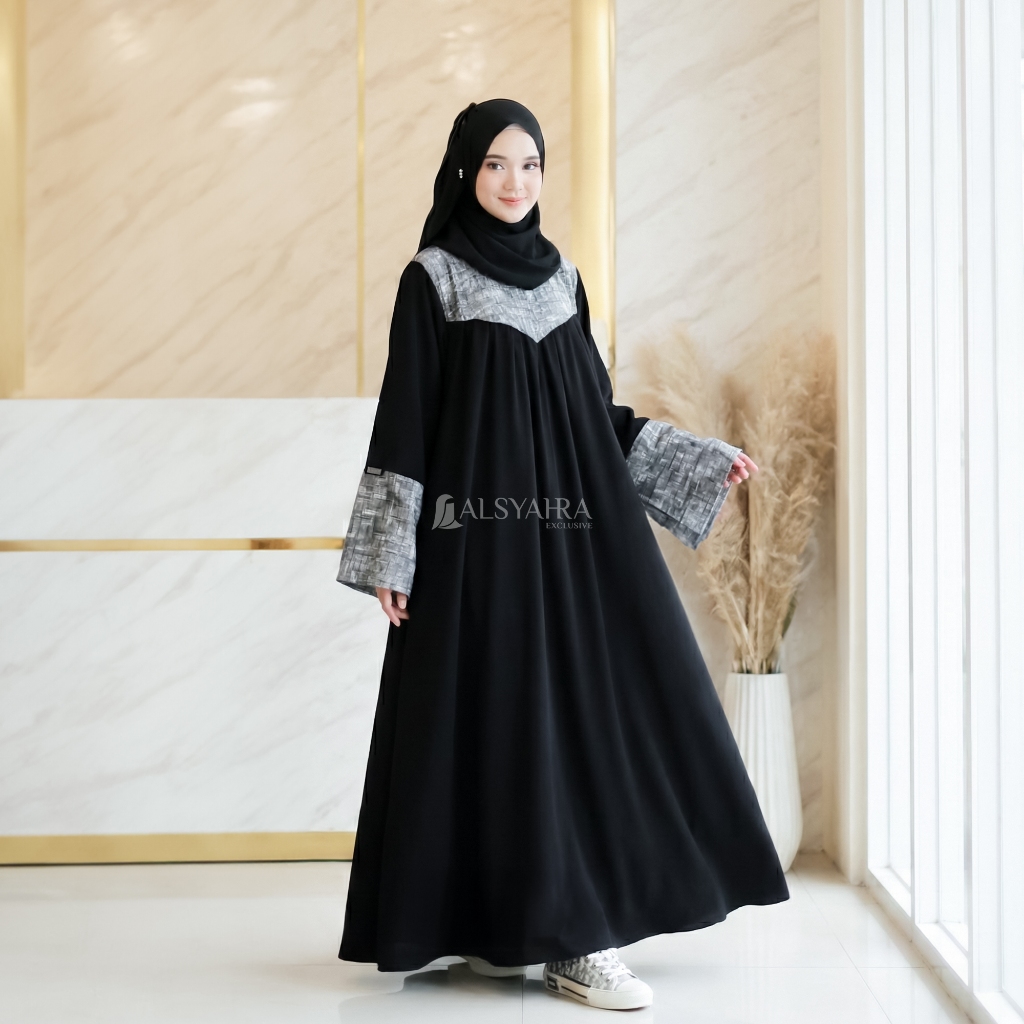 Alsyahra Exclusive - Abaya Gamis Syari Haya Gaza Kombinasi Jetblack