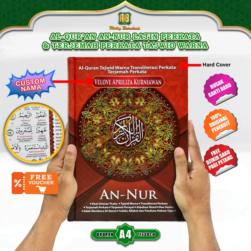 Al Quran Latin dan Terjemah Perkata A4 Besar Custom Nama Alquran Tajwid Warna Terjemah An Nur