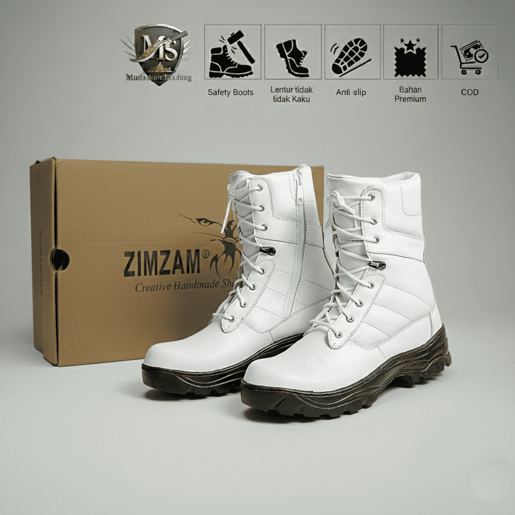 PROMO SEPATU PDL PUTIH PDH BADON KULIT ASLI BOOTS SAFETY