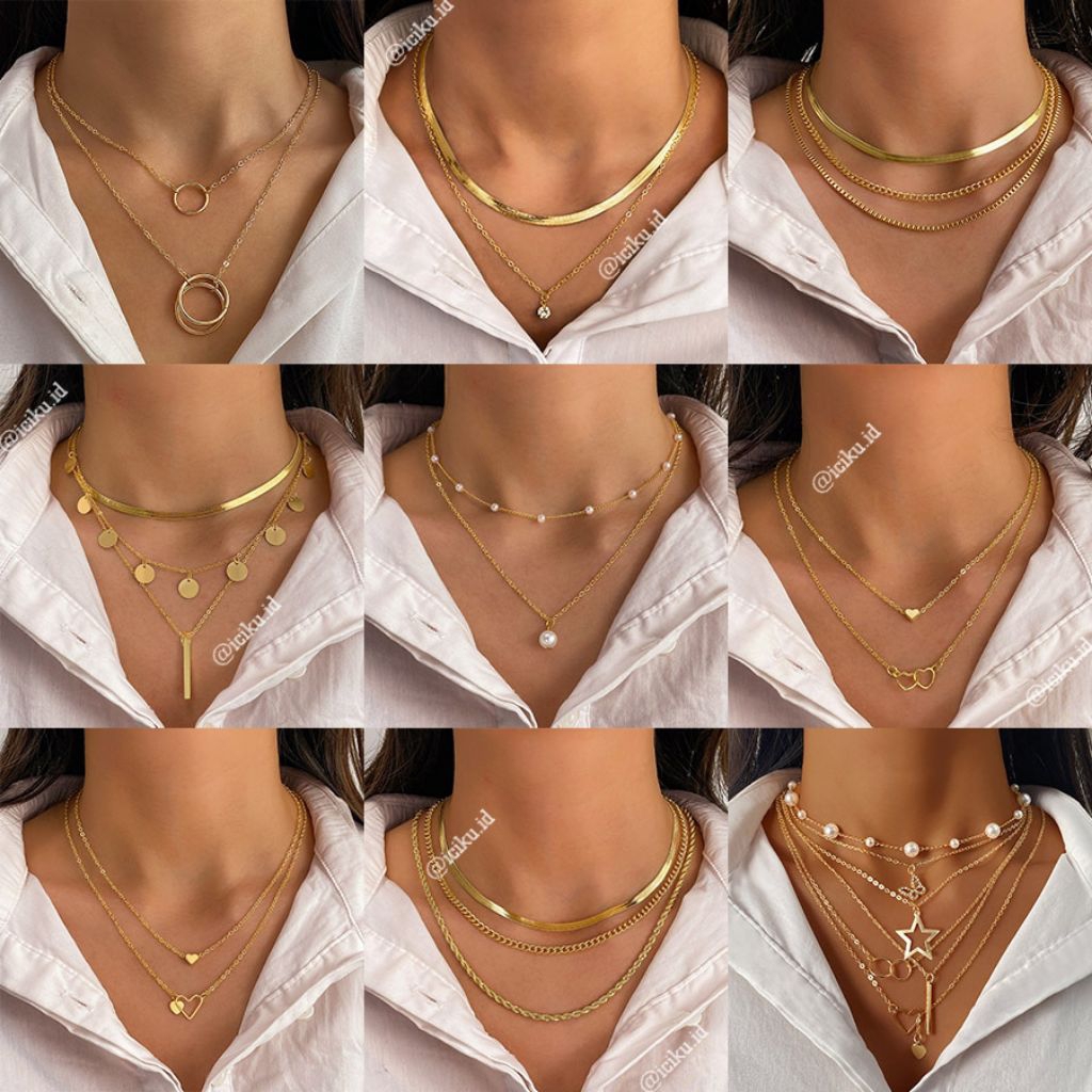 Kalung Dua Leyer 3 Layer Aksesoris Korea Fashion Wanita Necklace Multilayer
