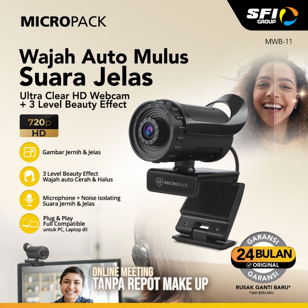 Micropack MWB-11 HD 720P WebCam - Kamera Video Konferensi dengan Efek Beauty dan Mikrofon Bawaan