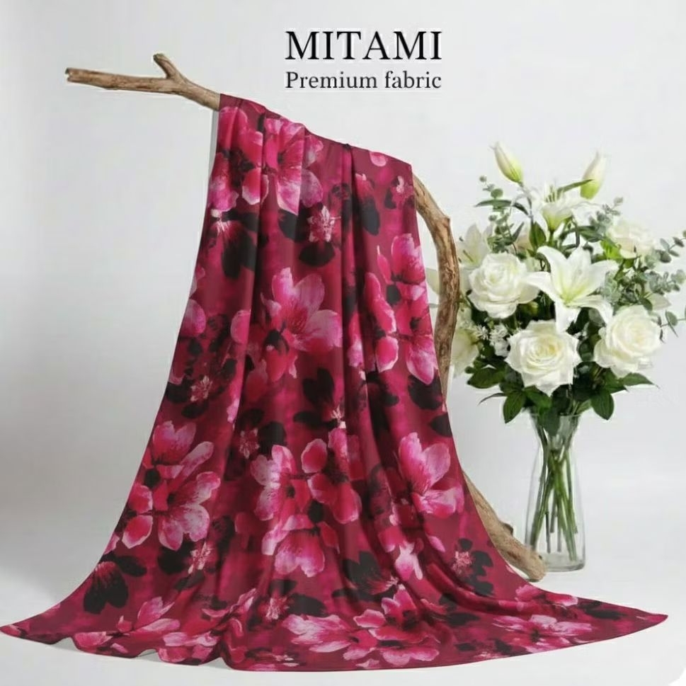 Kain Satin Baby Silk Premium Motif Bunga Sakura - Kain Meteran (Harga Per 0,5)LQ