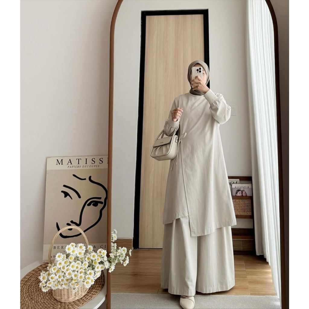Samira Set Stelan Wanita Dewasa Muslim Linen One set Atasan + Celana Set Wanita Remaja Ootd Kekinian