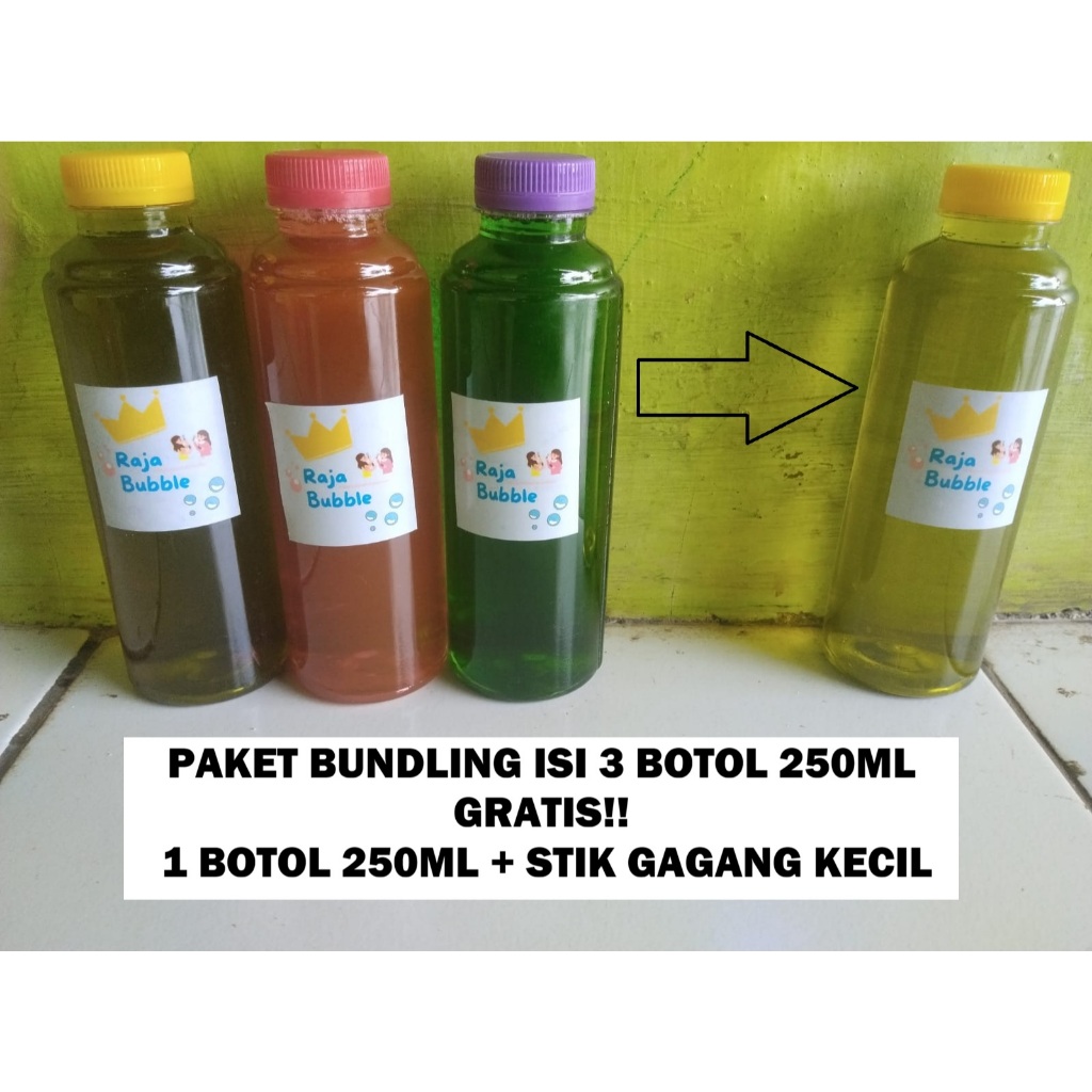 PAKET BUNDLING ISI 3 BOTOL 250ML GRATIS 1 BOTOL 250ML + STIK GAGANG KECIL - Raja Bubble Gelembung Ba