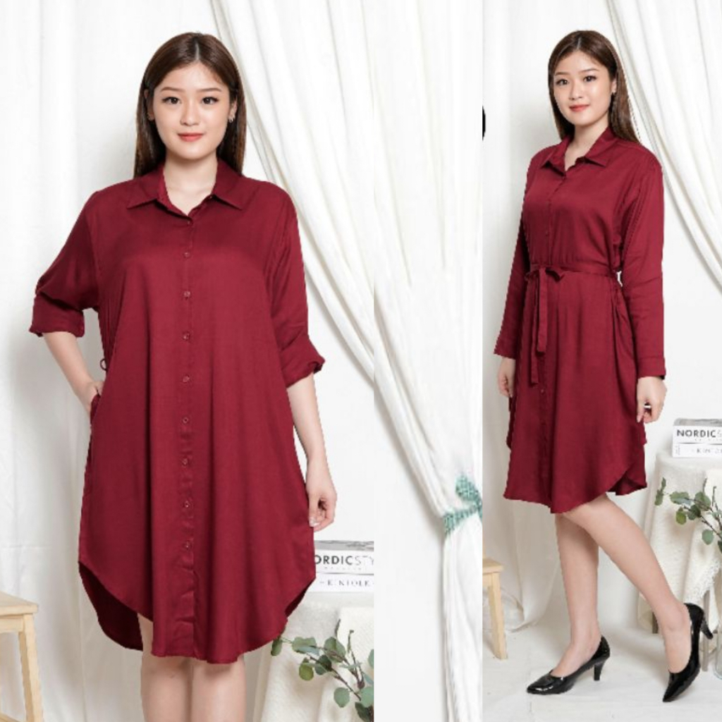 Atasan Tunik Wanita Dress Modis Merah Marun Basic Shakila Twill Nyaman