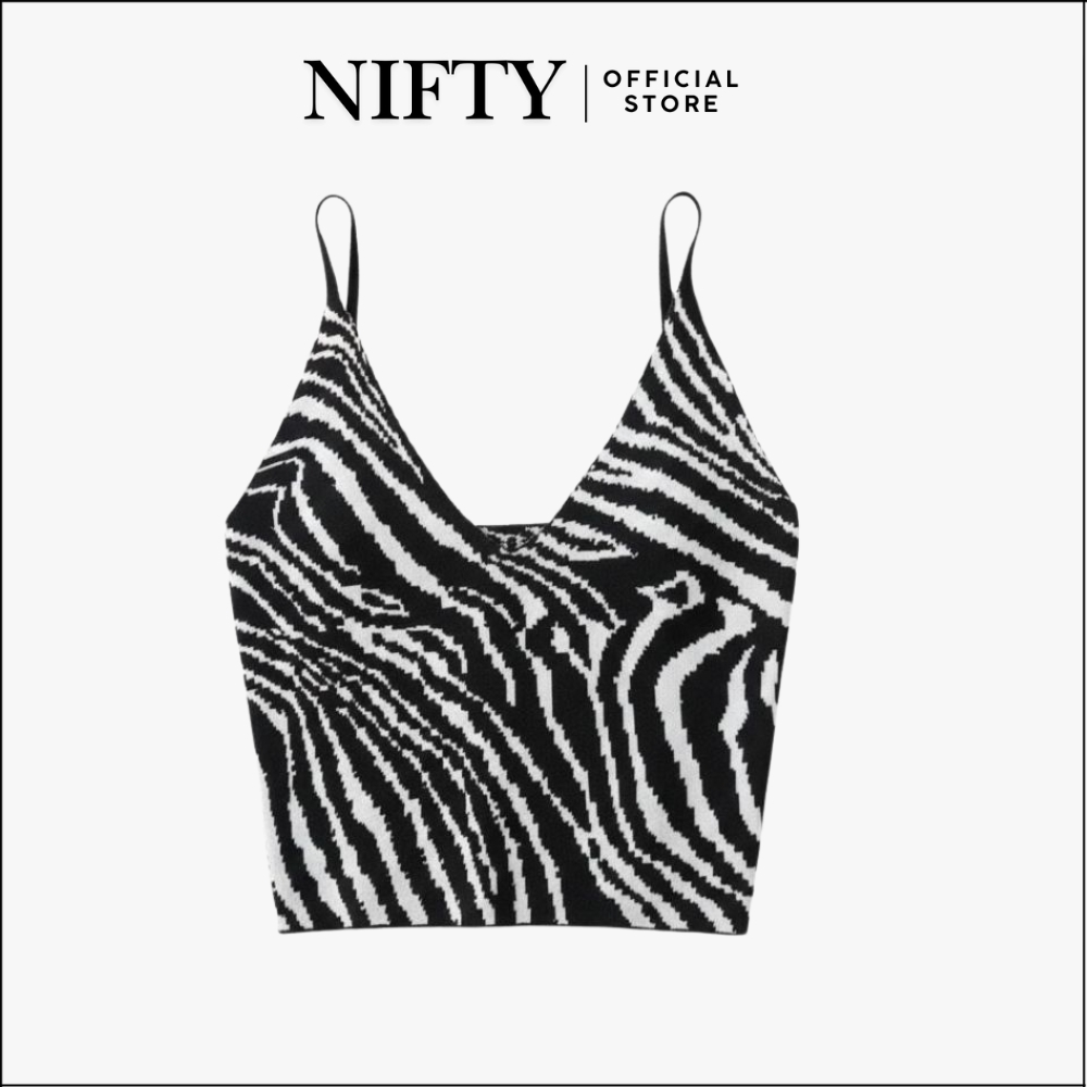 NIFTY.CO Tank Top Crop Wanita Motif Printed Zebra Tanktop Garis V Neck Fashion Atasan