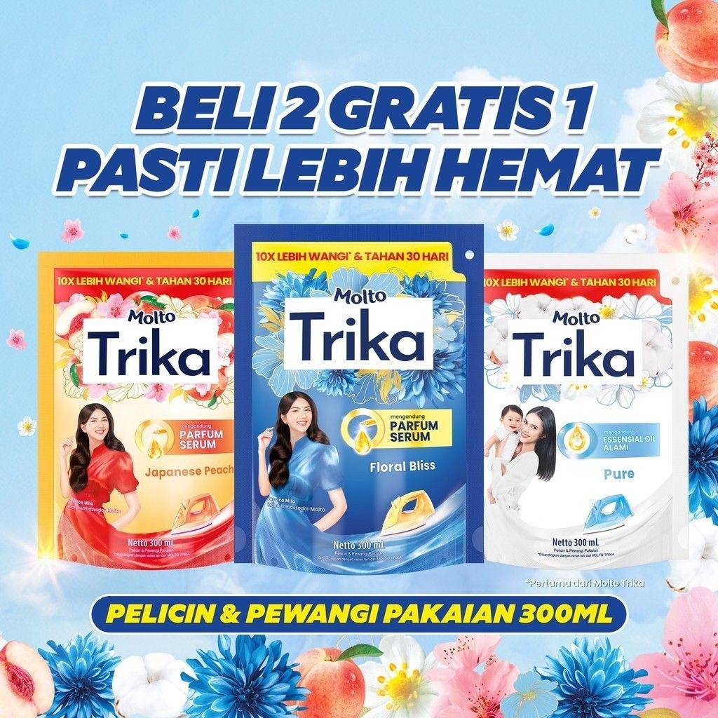 Paket 3 Botol Molto Trika Parfum Pakaian - Pewangi dan Pelicin, Aroma Floral, 300ml