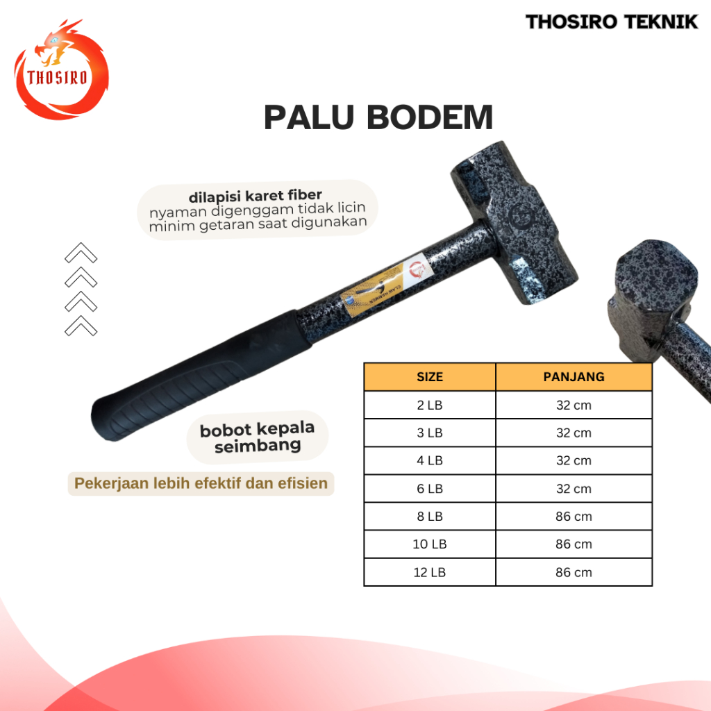 THOSIRO Palu Bodem GG Besi Palu Besar Penghancur Beton & Batu Kepala Solid Tahan Lama Cocok untuk Ke