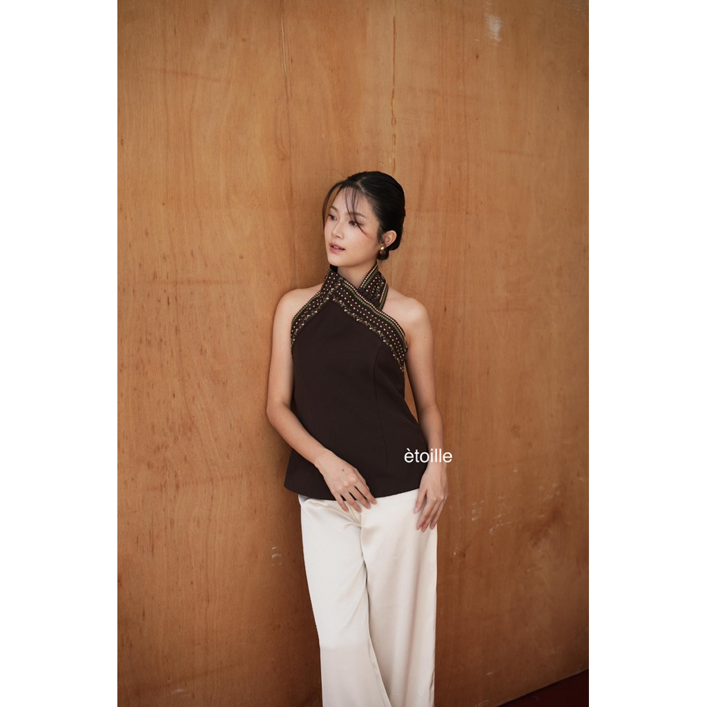 Mullein Cheongsam Top - Dark Brown